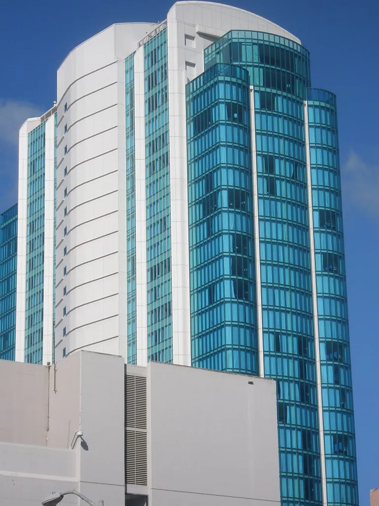 Curved glass office tower exterior
